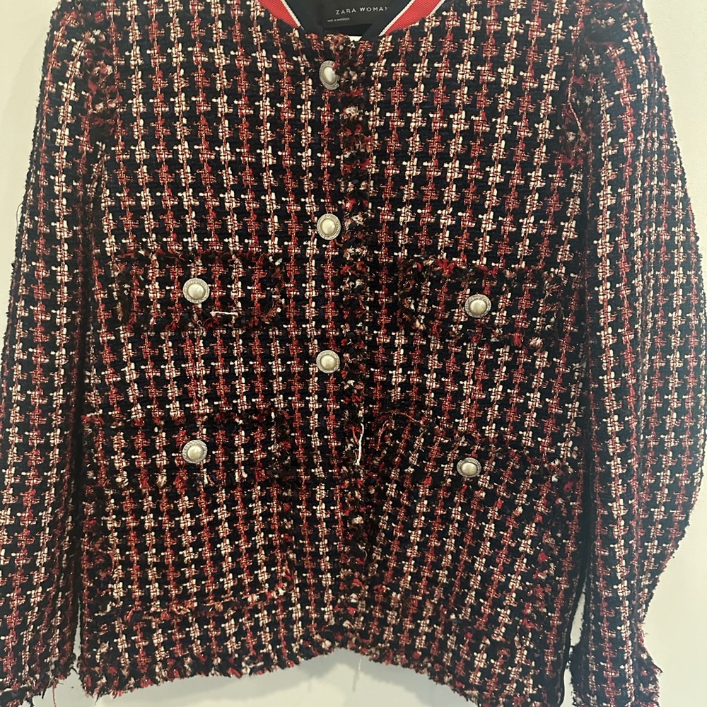 Zara Women's Black and Red Tweed Blazer
